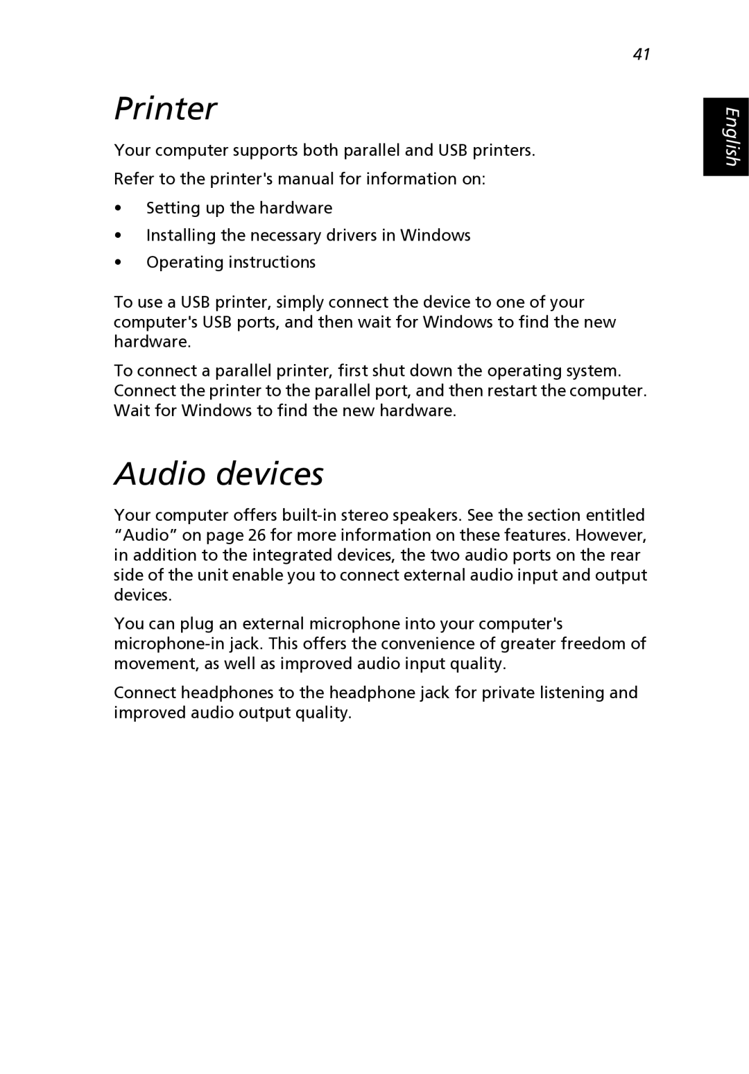 Acer 2500 Series, 2000 Series manual Printer, Audio devices 