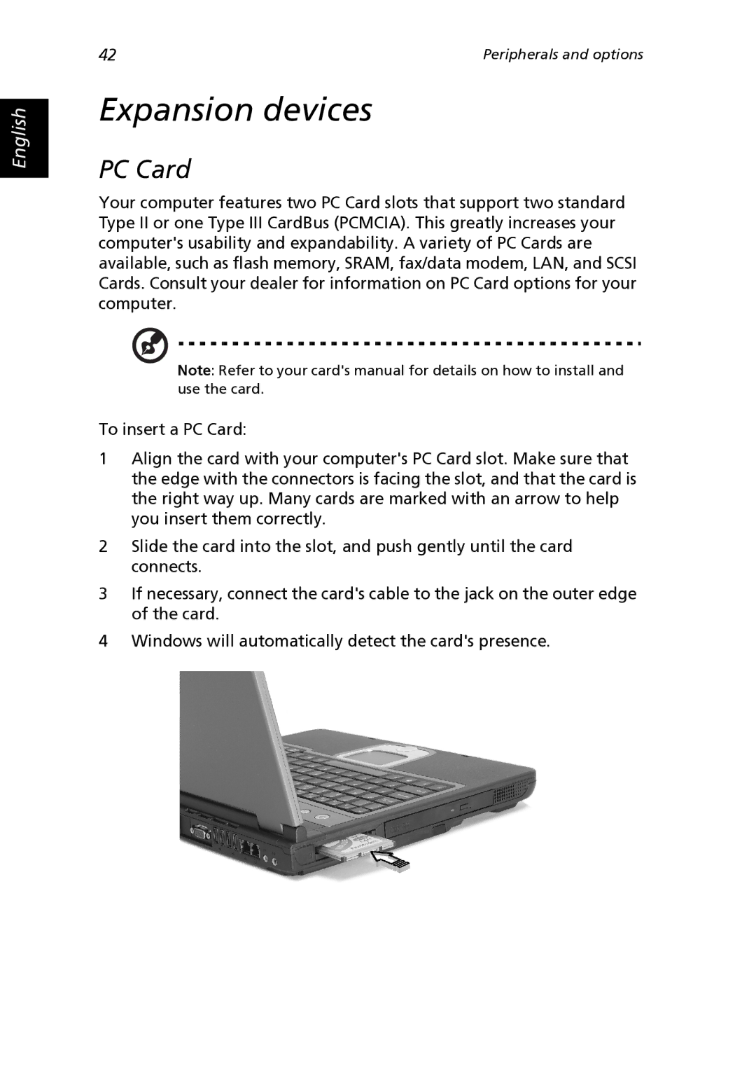 Acer 2000 Series, 2500 Series manual Expansion devices, PC Card 