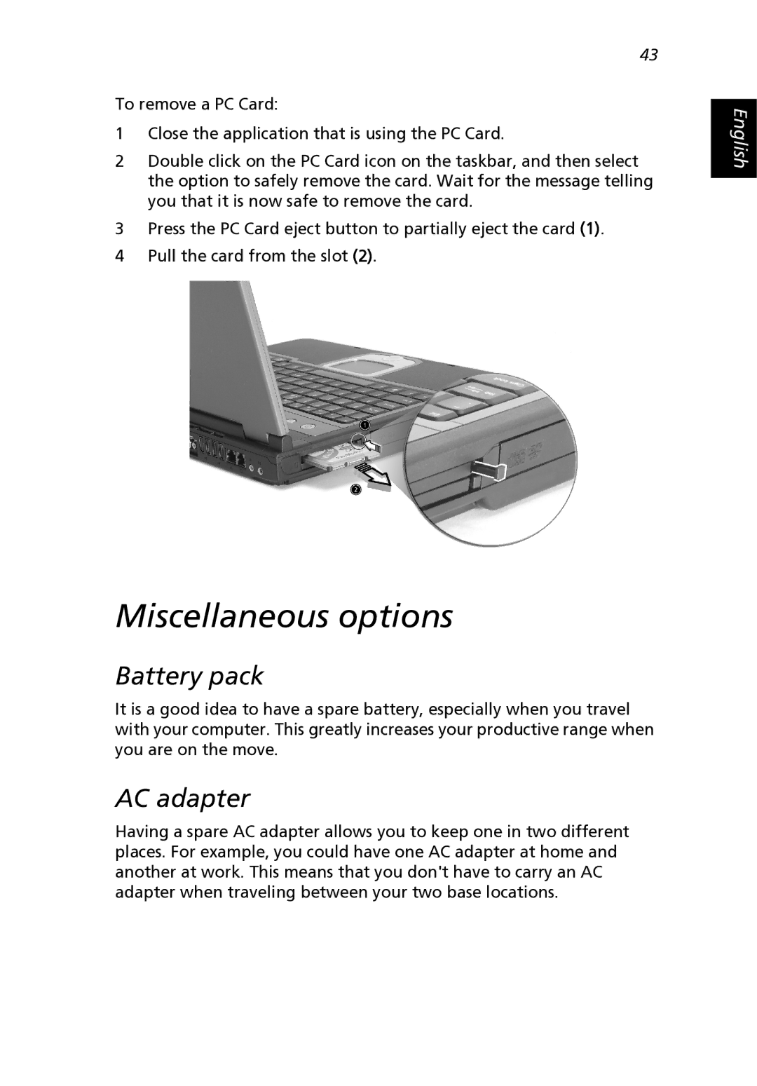 Acer 2500 Series, 2000 Series manual Miscellaneous options, Battery pack, AC adapter 