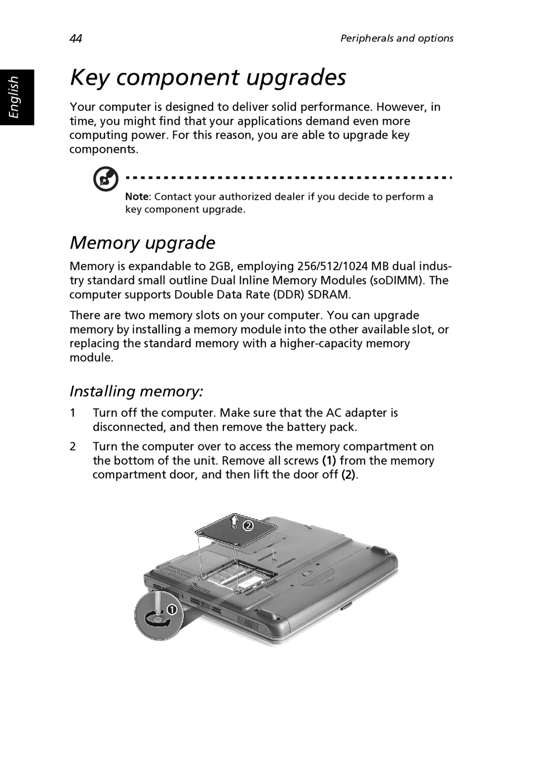 Acer 2000 Series, 2500 Series manual Key component upgrades, Memory upgrade, Installing memory 