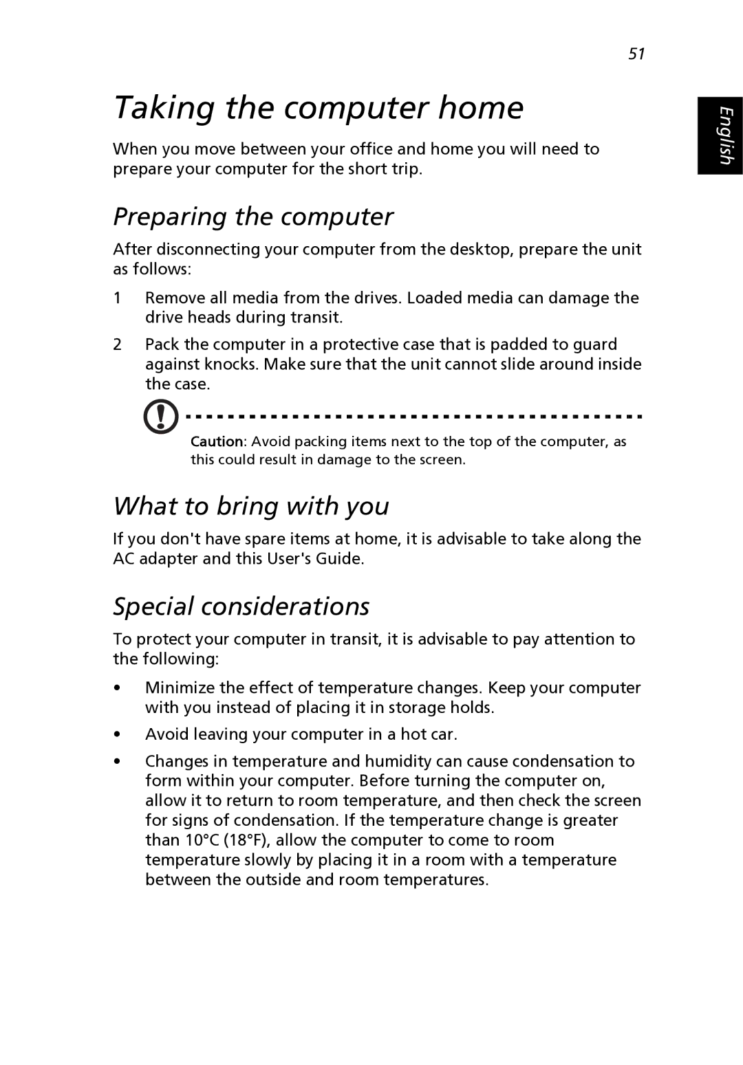 Acer 2500 Series, 2000 Series manual Taking the computer home, What to bring with you, Special considerations 