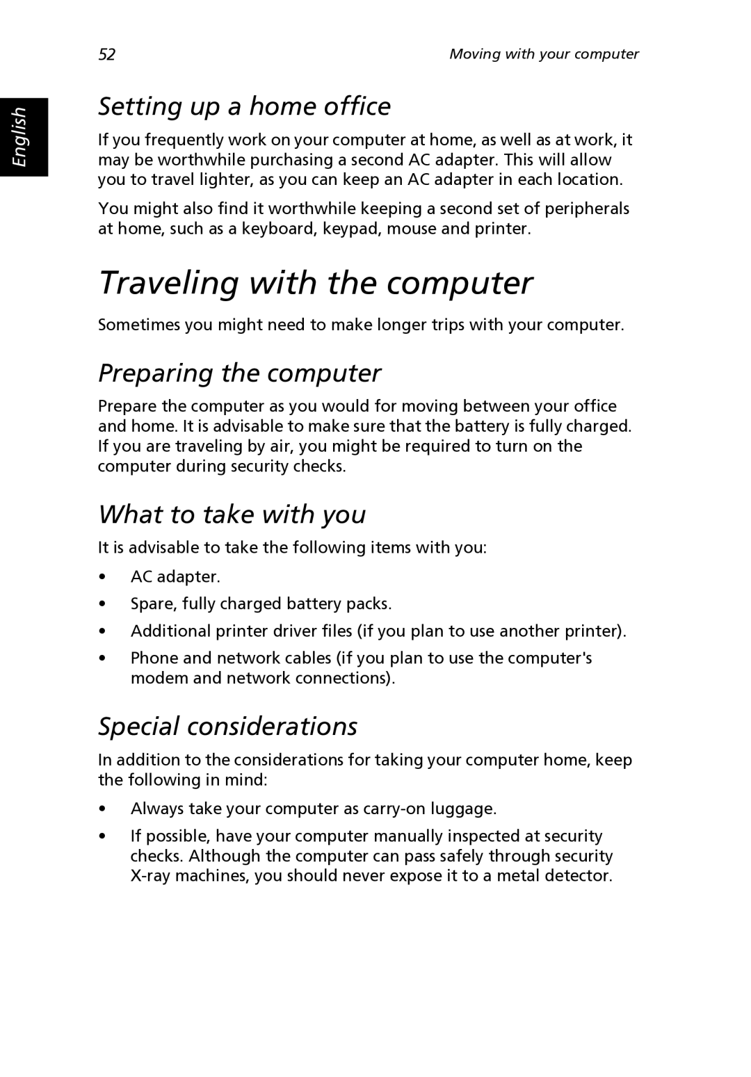 Acer 2000 Series, 2500 Series manual Traveling with the computer, Setting up a home office, What to take with you 