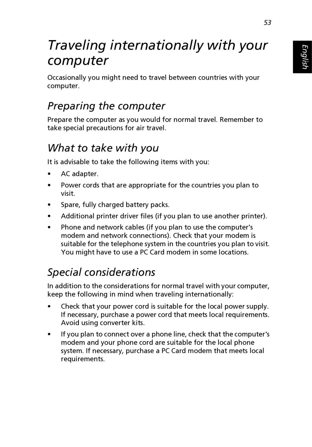 Acer 2500 Series, 2000 Series manual Traveling internationally with your computer 