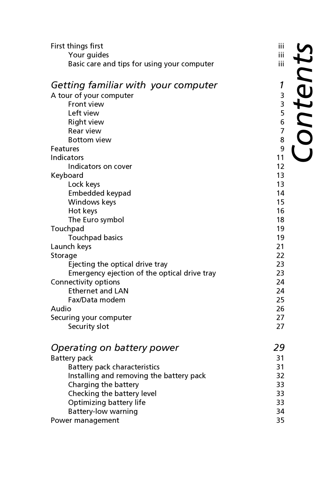 Acer 2500 Series, 2000 Series manual Contents 