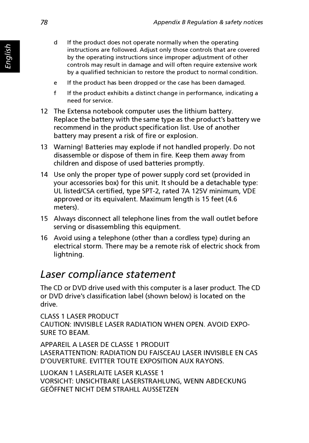 Acer 2000 Series, 2500 Series manual Laser compliance statement 