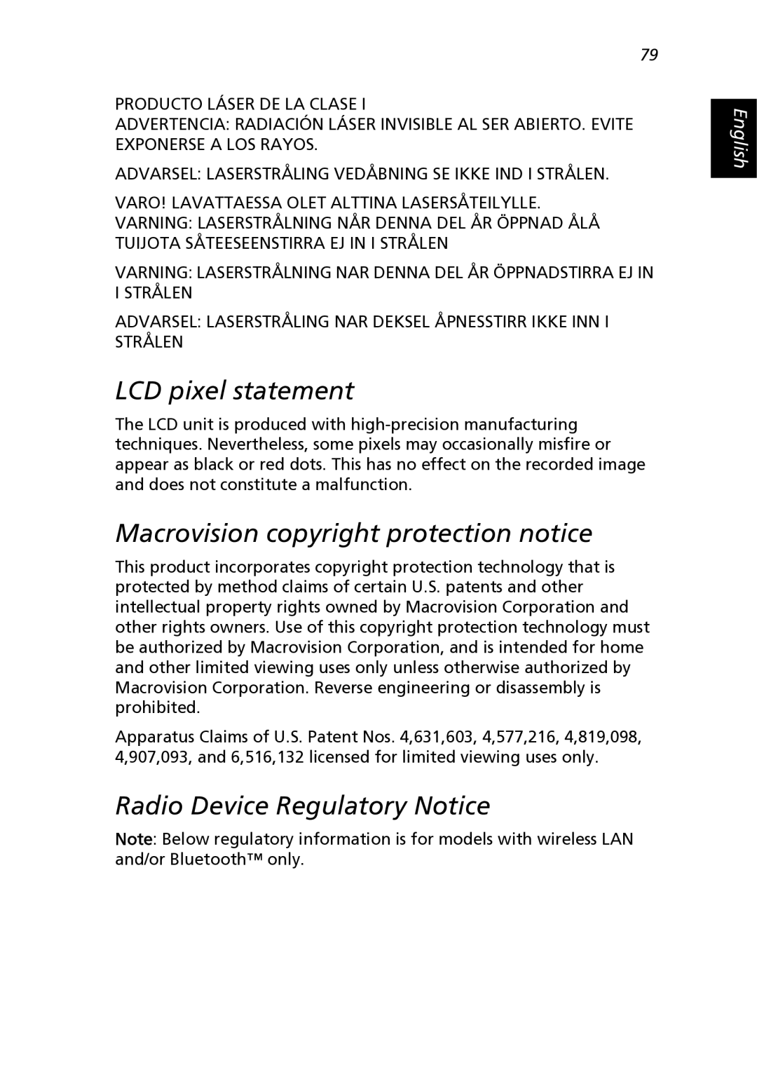 Acer 2500 Series, 2000 Series LCD pixel statement, Macrovision copyright protection notice, Radio Device Regulatory Notice 