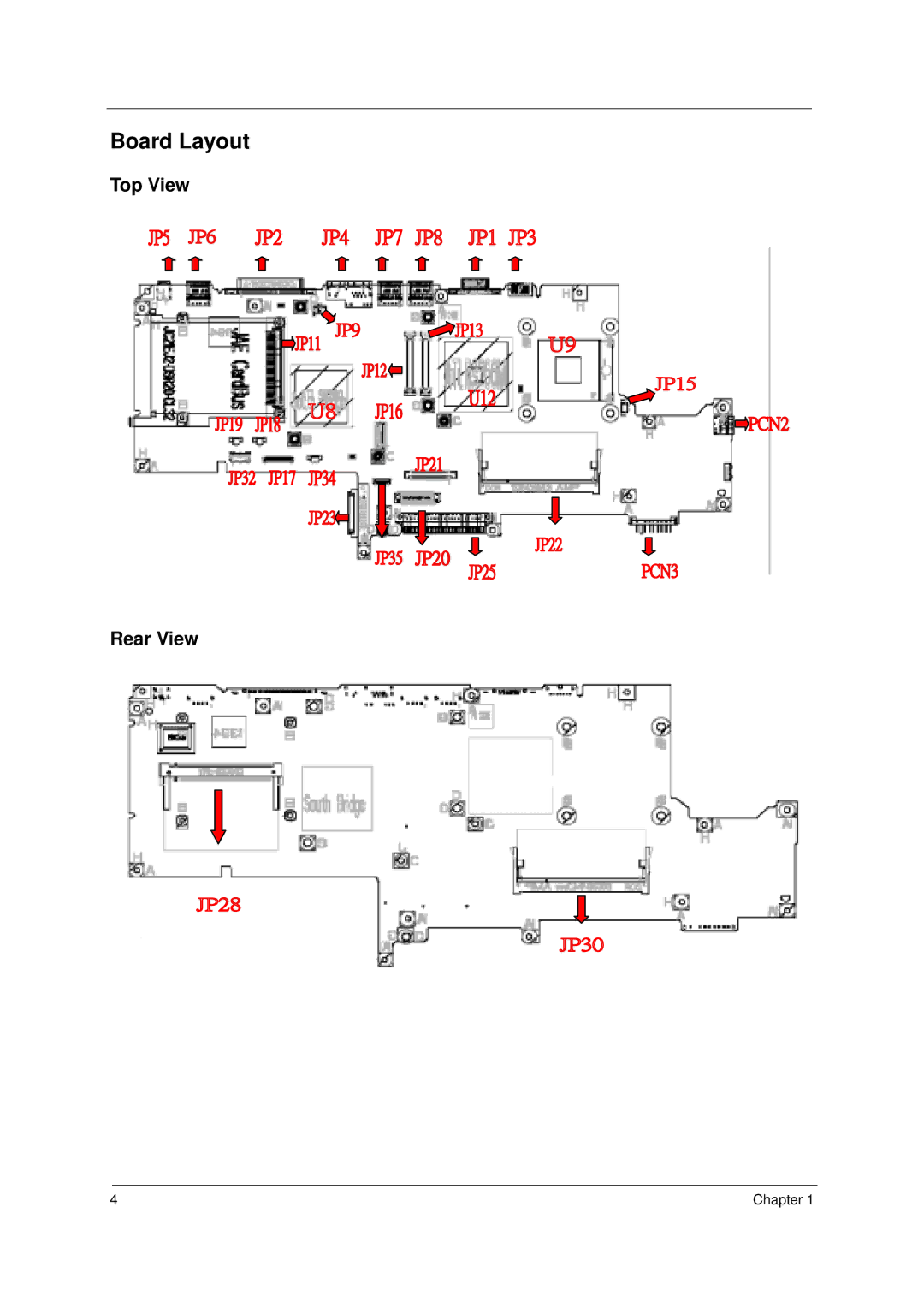 Acer 2000 manual Board Layout, Top View Rear View 