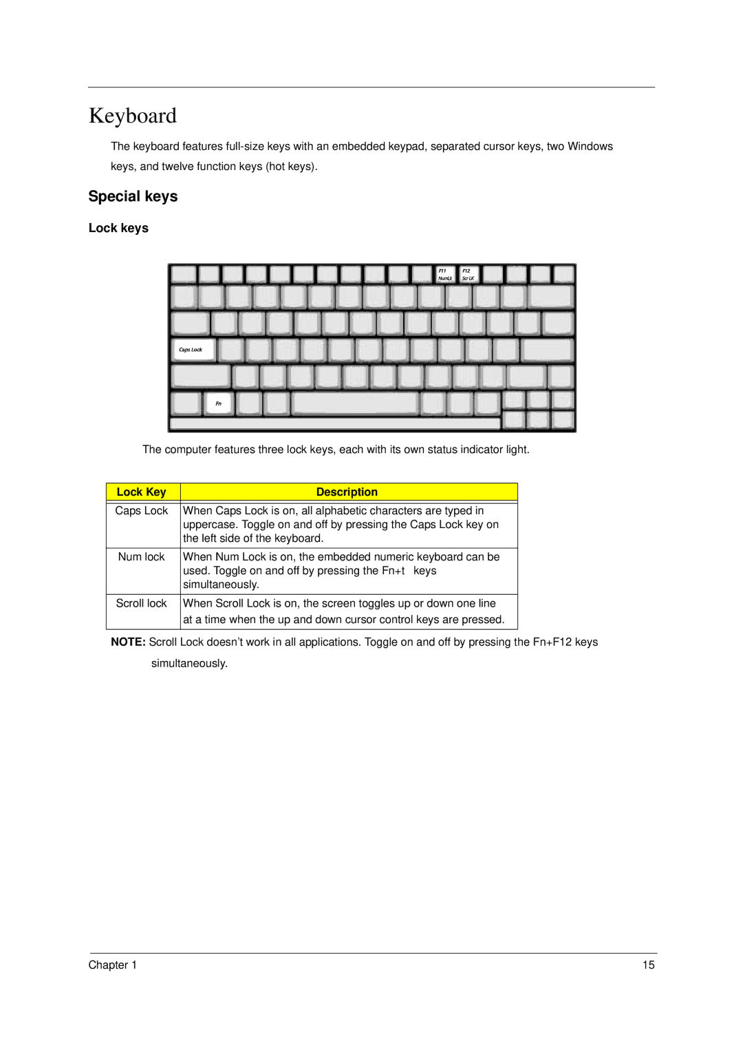 Acer 2000 manual Special keys, Lock keys, Lock Key Description 