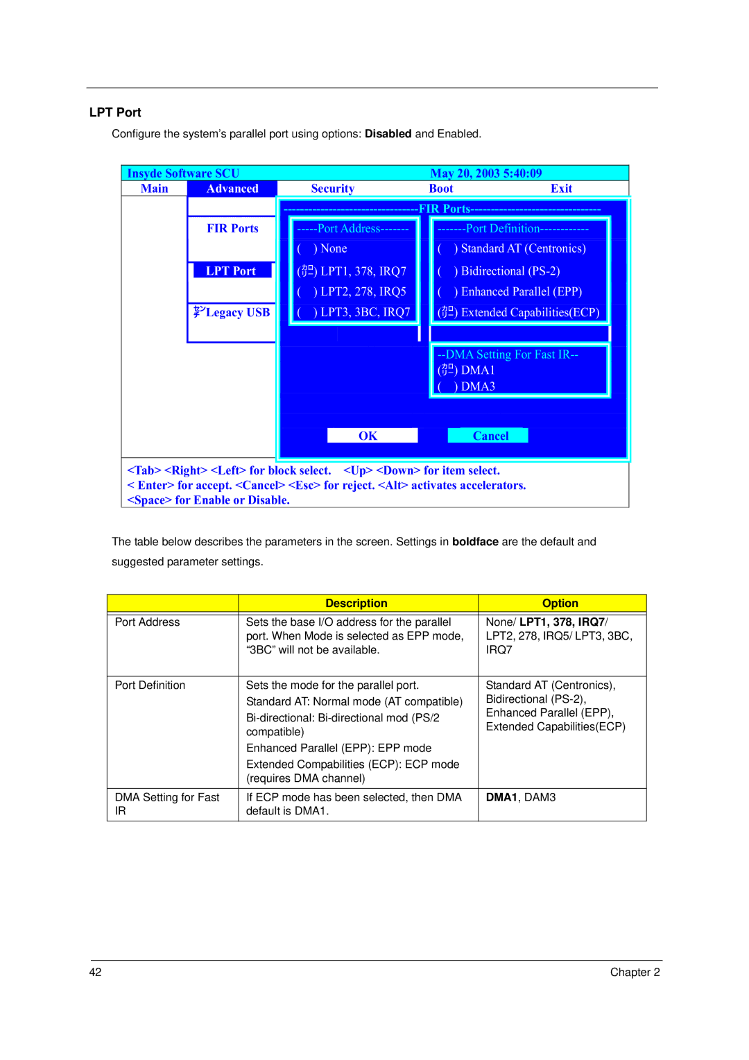 Acer 2000 manual LPT Port, None/ LPT1, 378, IRQ7, DMA1, DAM3 