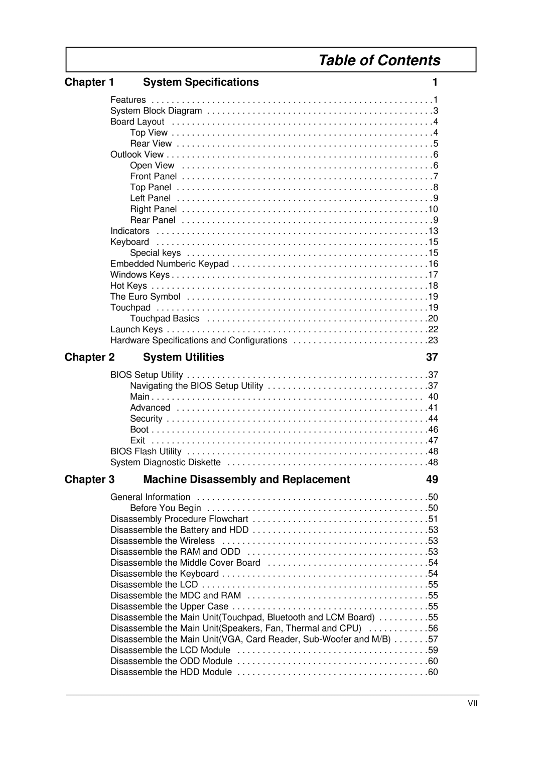 Acer 2000 manual Table of Contents 