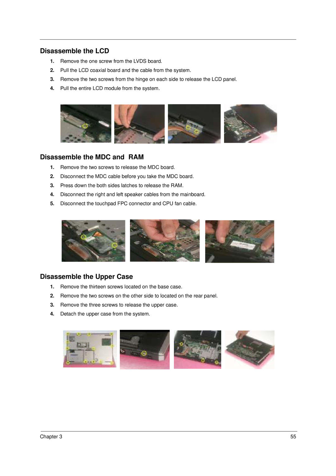 Acer 2000 manual Disassemble the LCD, Disassemble the MDC and RAM, Disassemble the Upper Case 