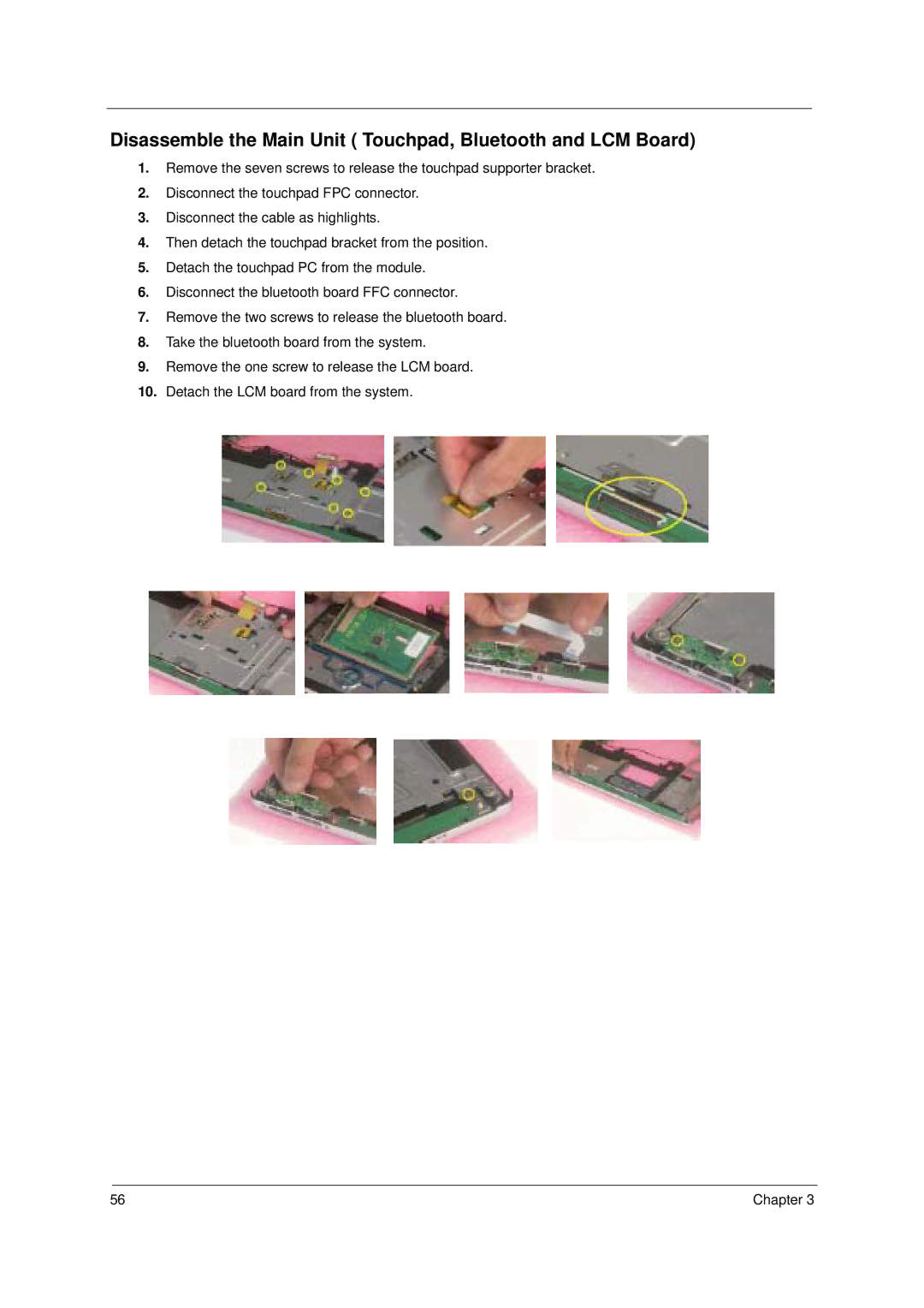 Acer 2000 manual Disassemble the Main Unit Touchpad, Bluetooth and LCM Board 