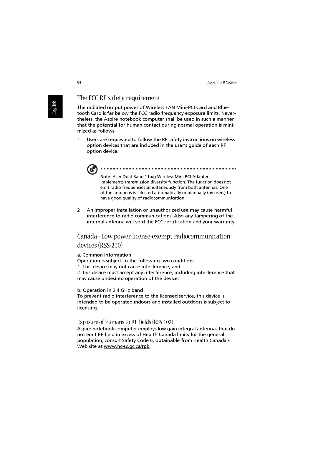 Acer 2010 manual FCC RF safety requirement, Exposure of humans to RF fields RSS-102 