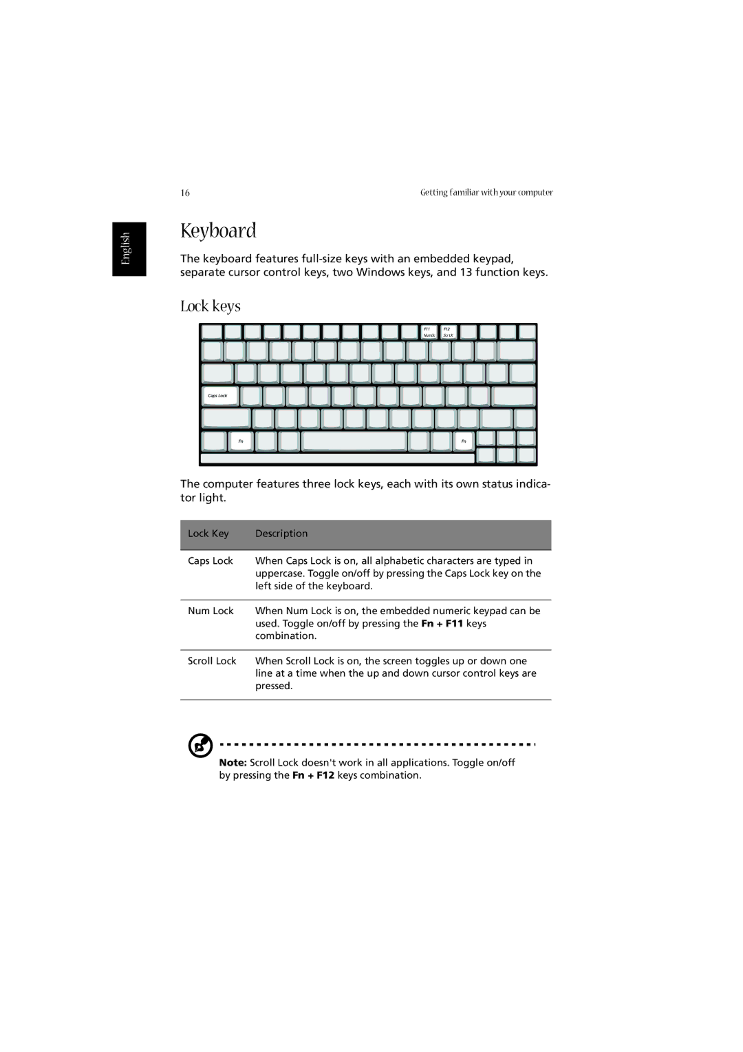 Acer 2010 manual Keyboard, Lock keys 