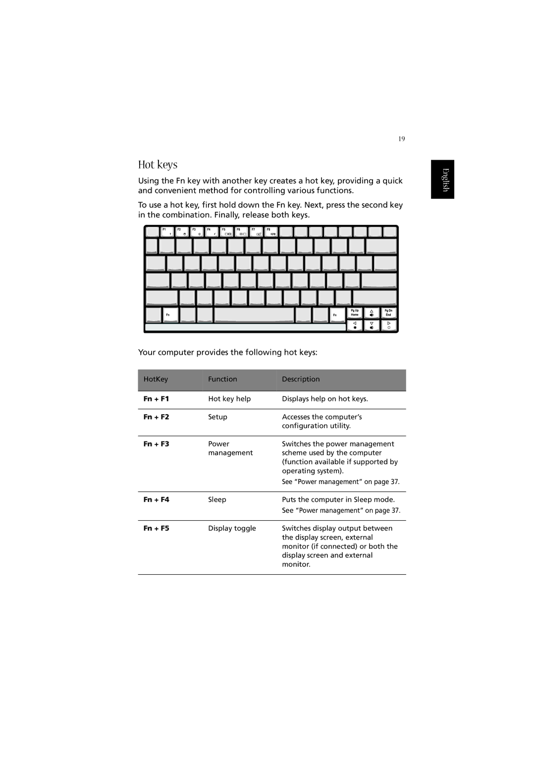 Acer 2010 manual Hot keys, Fn + F3 