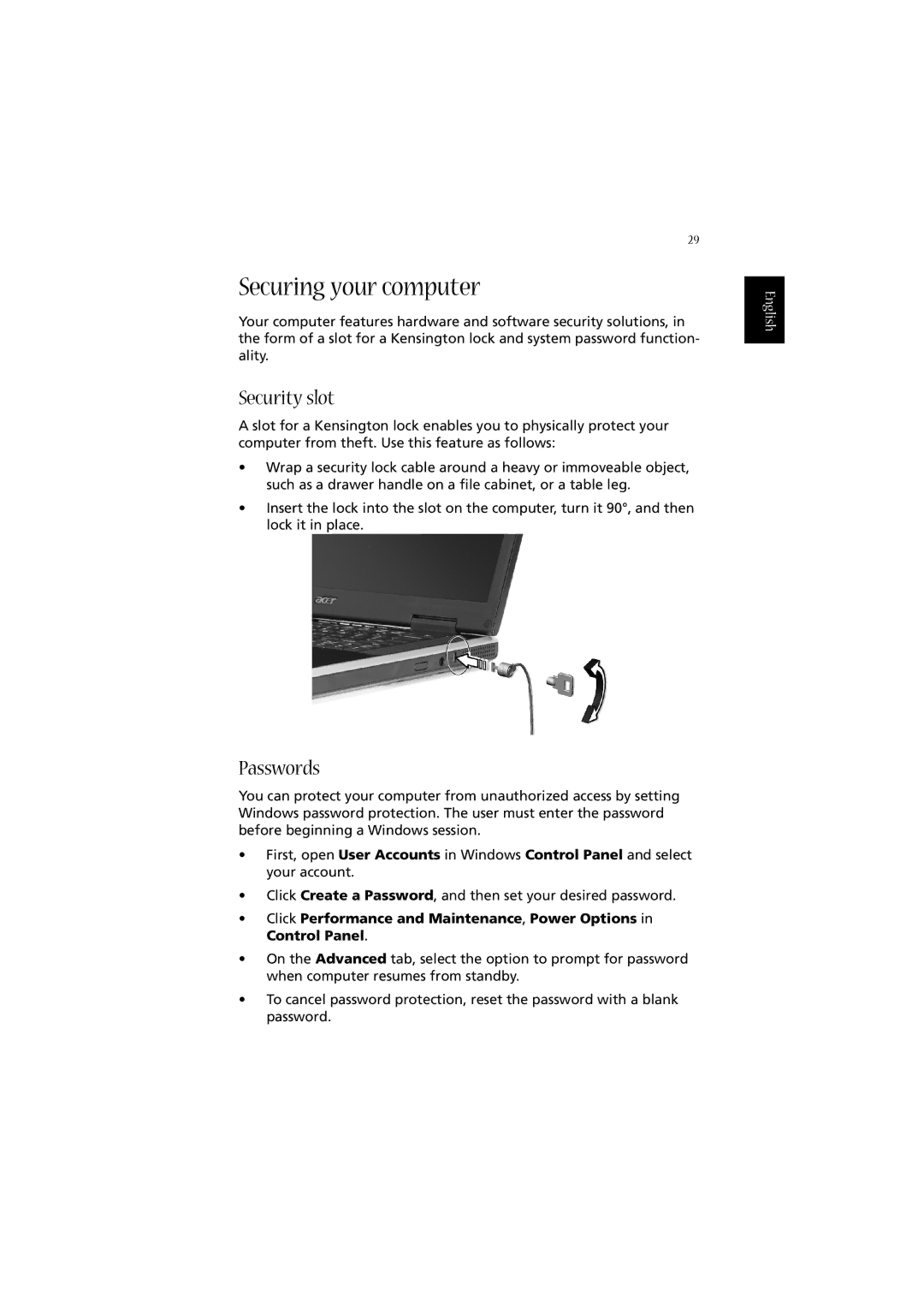 Acer 2010 manual Securing your computer, Security slot, Passwords 