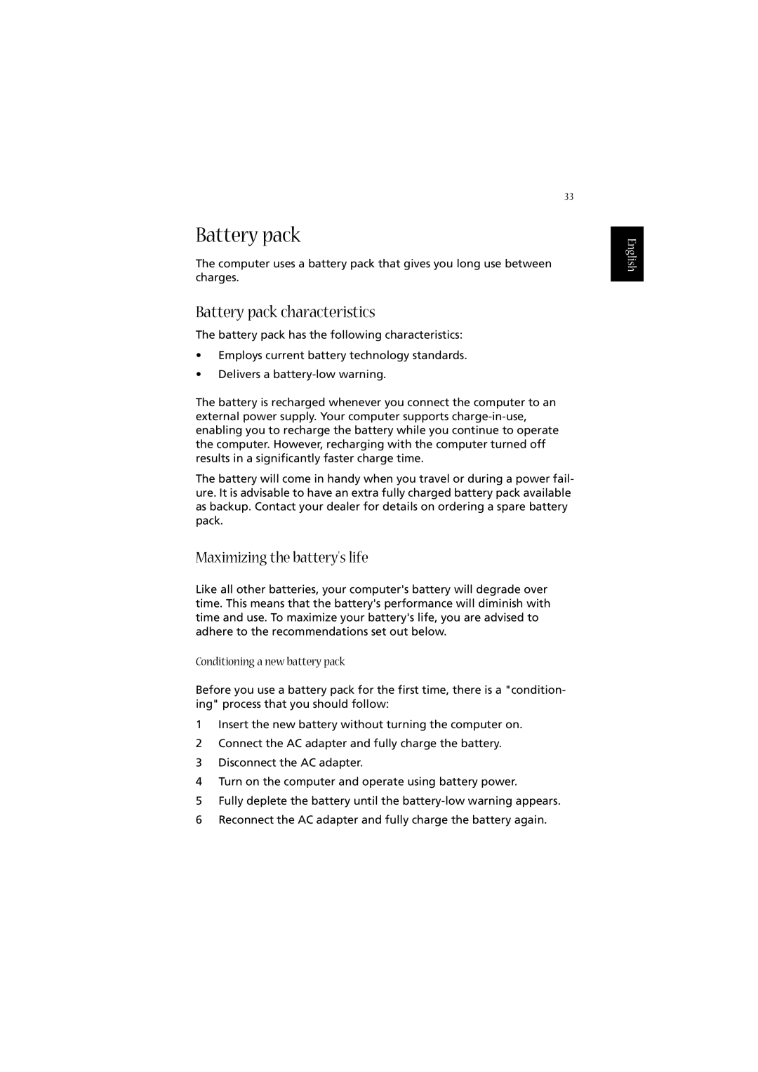 Acer 2010 manual Battery pack characteristics, Conditioning a new battery pack 