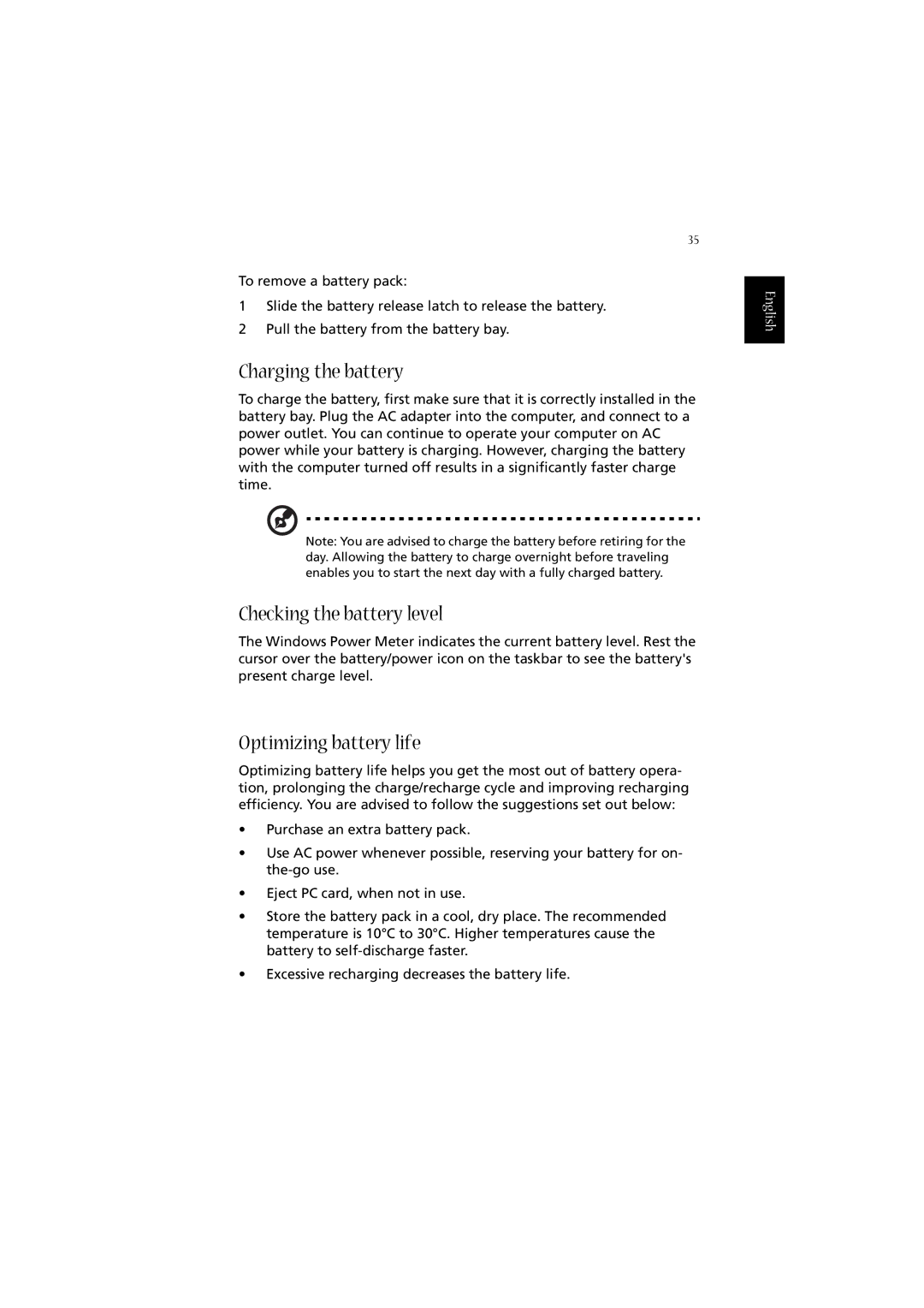 Acer 2010 manual Charging the battery, Checking the battery level, Optimizing battery life 