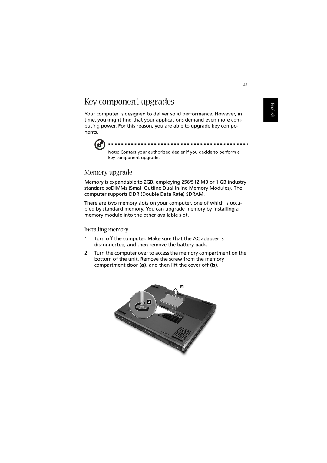 Acer 2010 manual Key component upgrades, Memory upgrade, Installing memory 