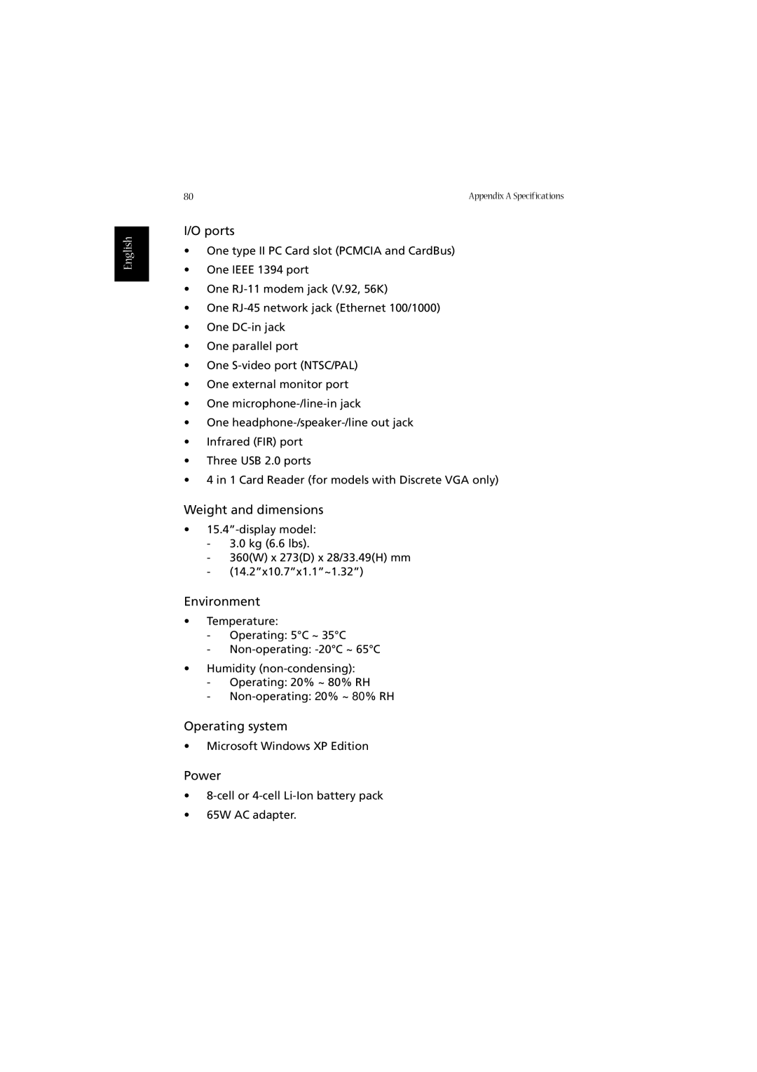 Acer 2010 manual Weight and dimensions 