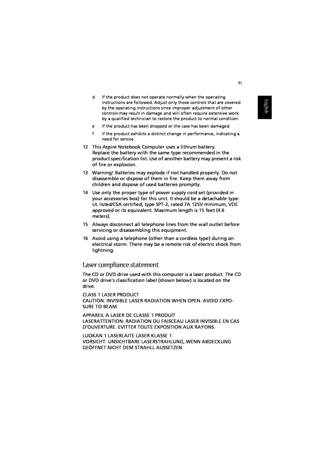 Acer 2010 manual Laser compliance statement, English 