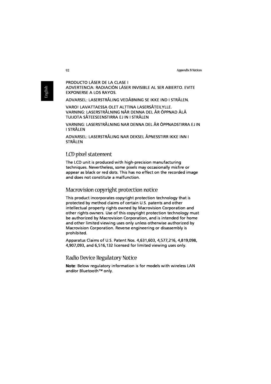 Acer 2010 manual LCD pixel statement, Macrovision copyright protection notice, Radio Device Regulatory Notice, English 