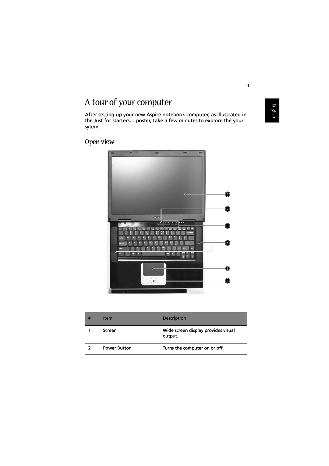 Acer 2010 manual A tour of your computer, Open view, English 