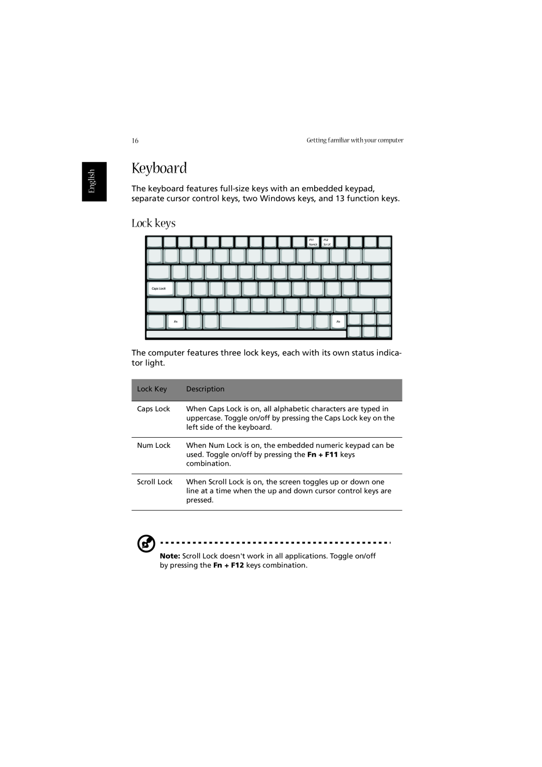 Acer 2010 manual Keyboard, Lock keys, English 