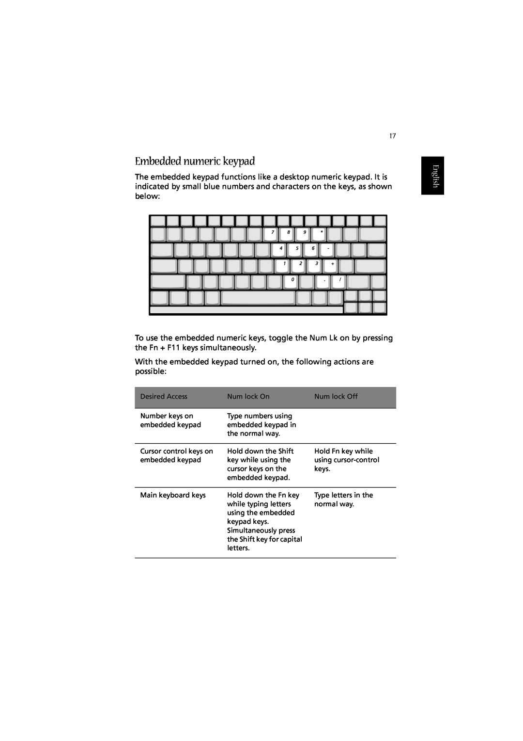 Acer 2010 manual Embedded numeric keypad, English 