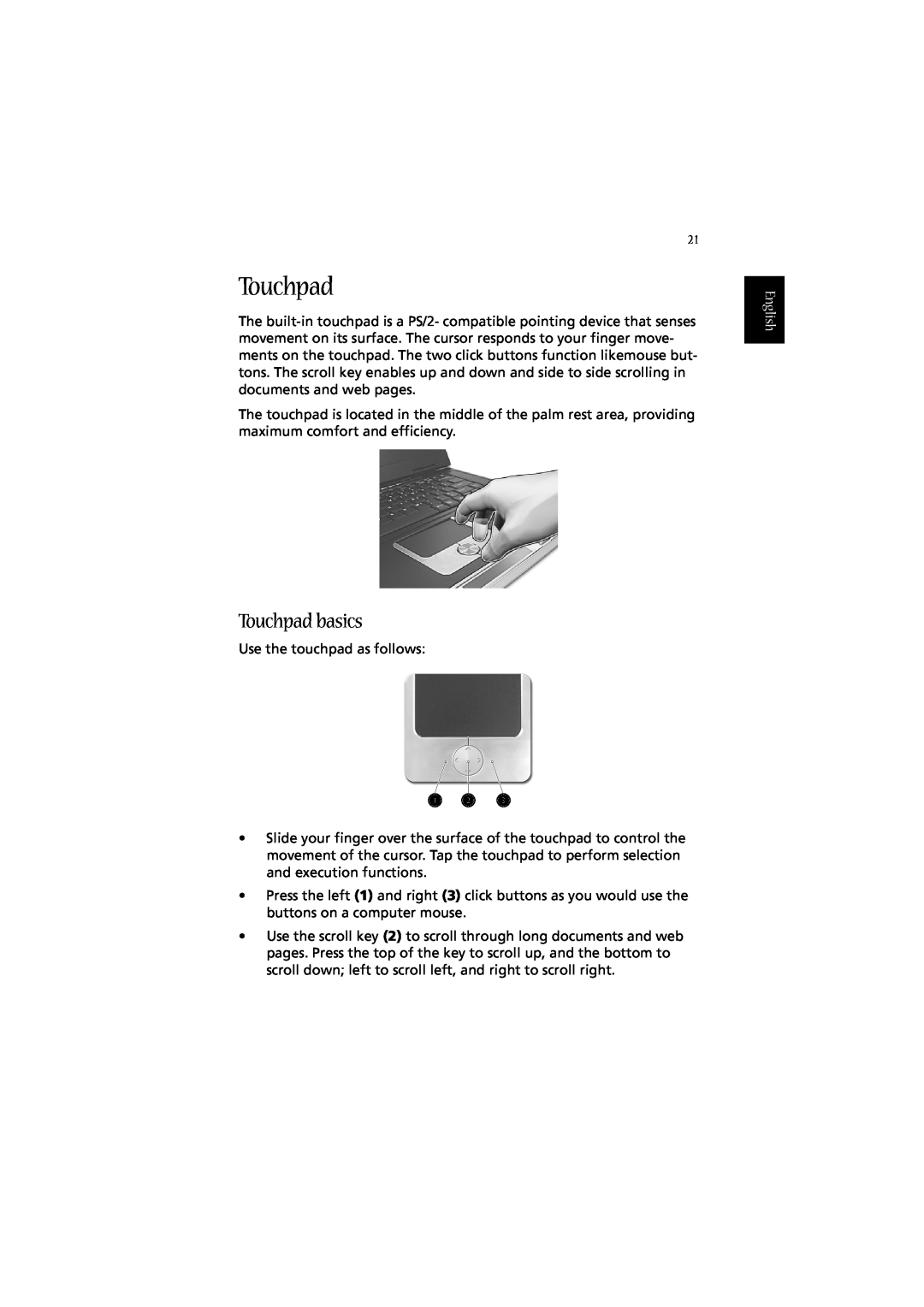 Acer 2010 manual Touchpad basics, English 