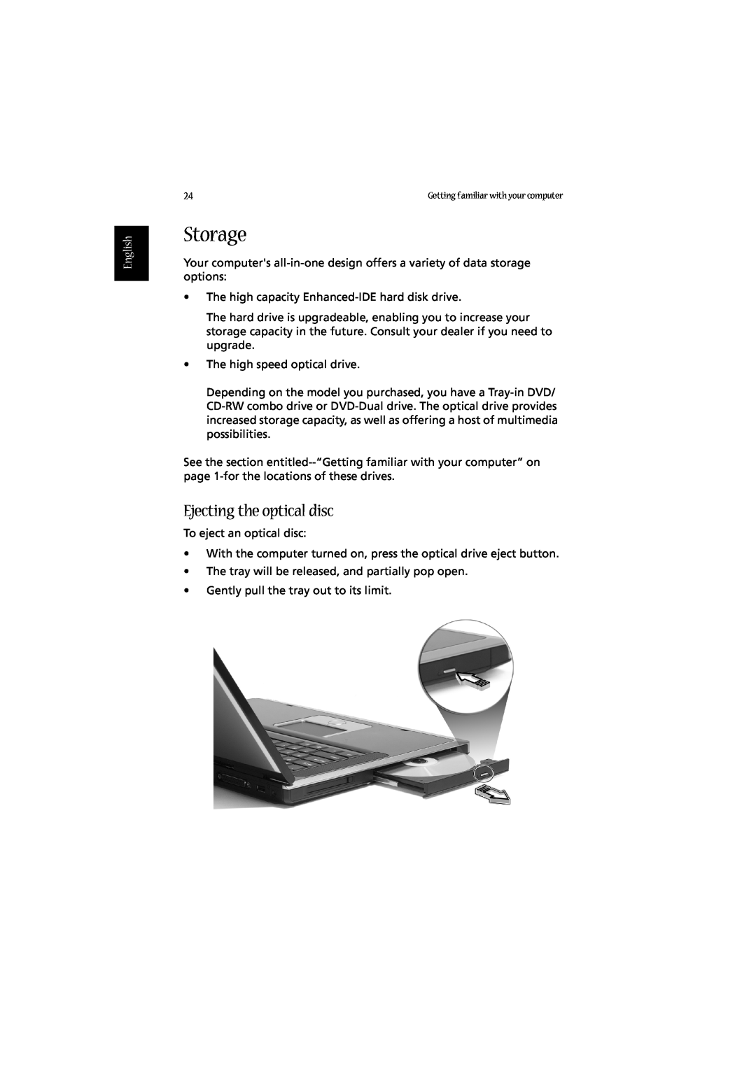 Acer 2010 manual Storage, Ejecting the optical disc, English 