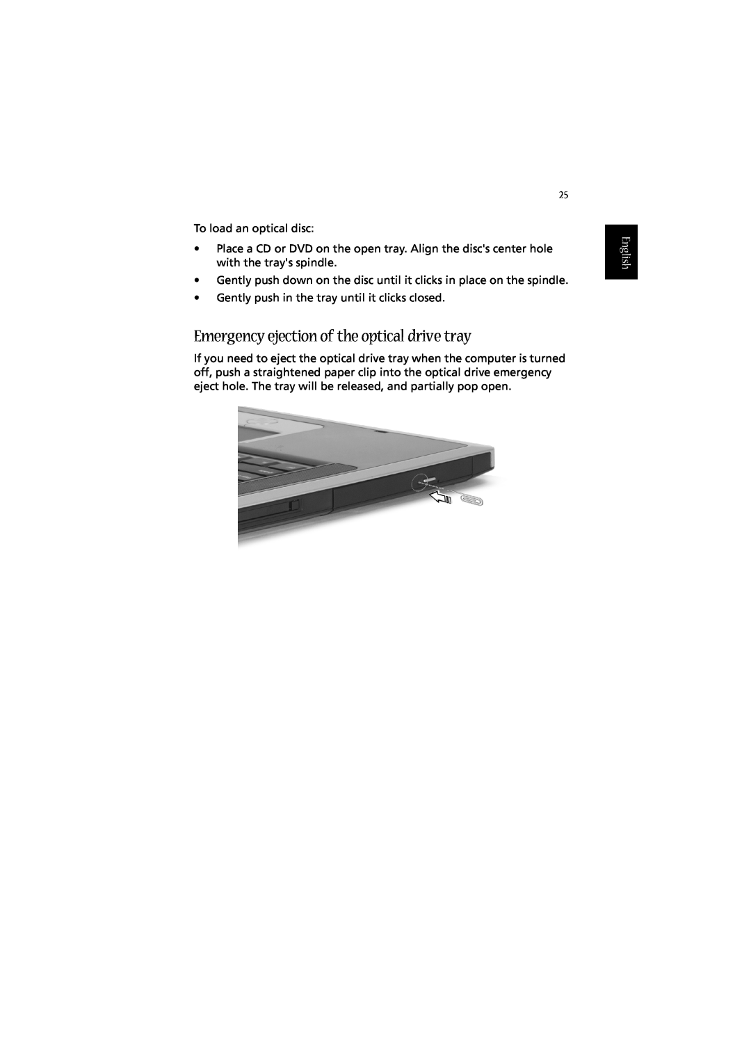 Acer 2010 manual Emergency ejection of the optical drive tray, English 