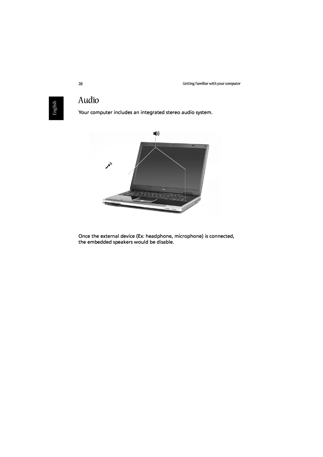 Acer 2010 manual Audio, English, Your computer includes an integrated stereo audio system 