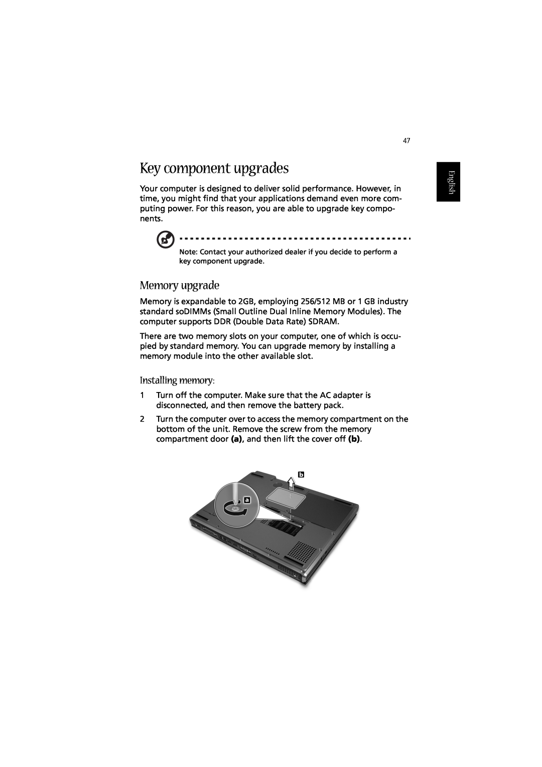 Acer 2010 manual Key component upgrades, Memory upgrade, Installing memory, English 