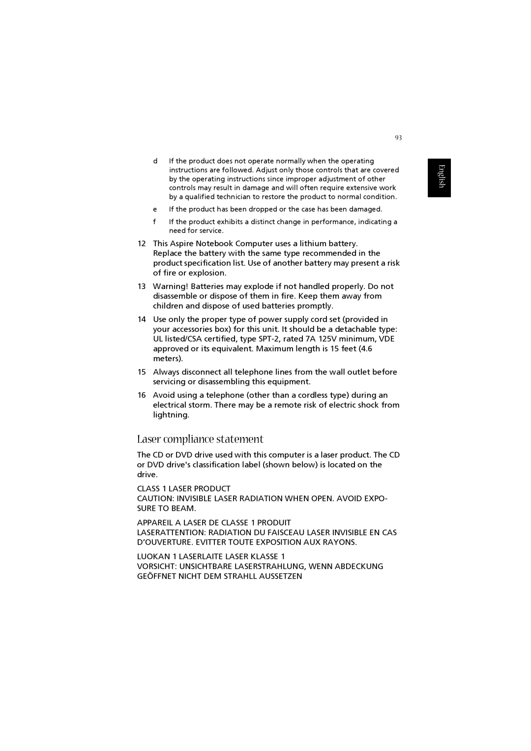 Acer 2020 Series manual Laser compliance statement 