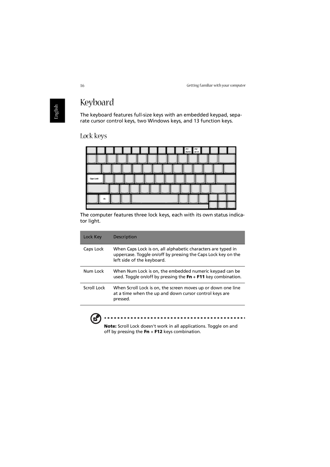 Acer 2020 Series manual Keyboard, Lock keys 