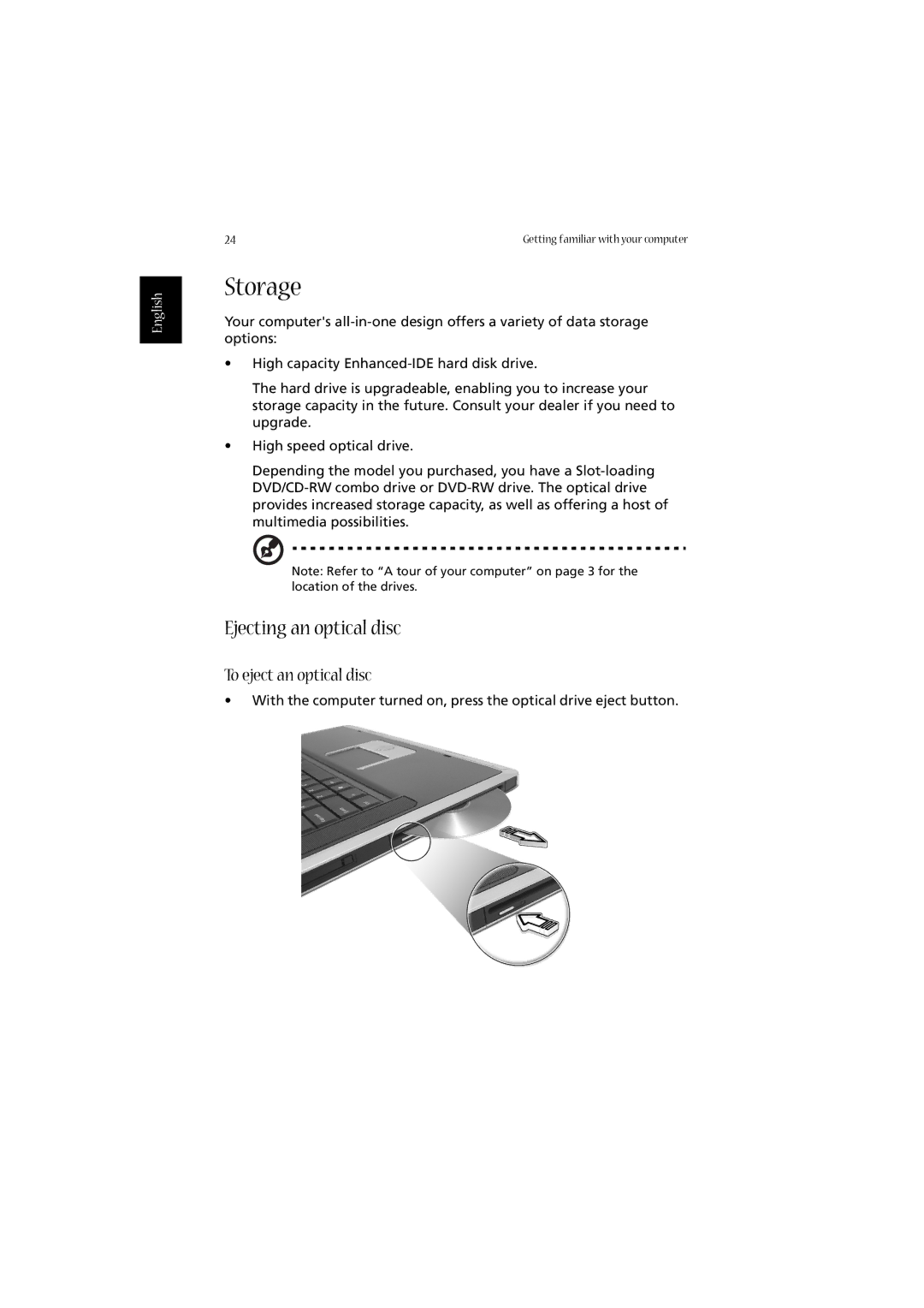 Acer 2020 Series manual Storage, Ejecting an optical disc, To eject an optical disc 