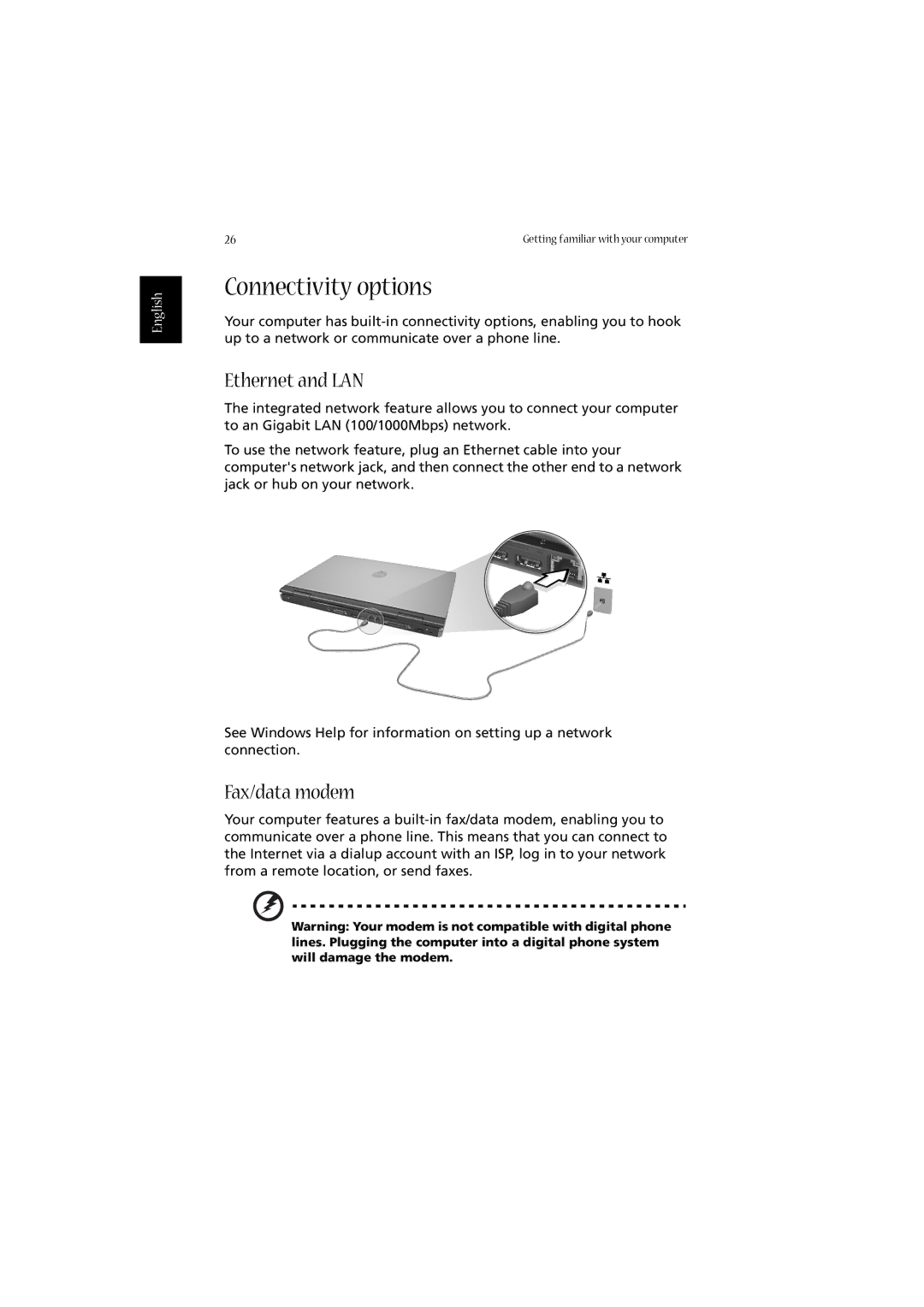 Acer 2020 Series manual Connectivity options, Ethernet and LAN, Fax/data modem 