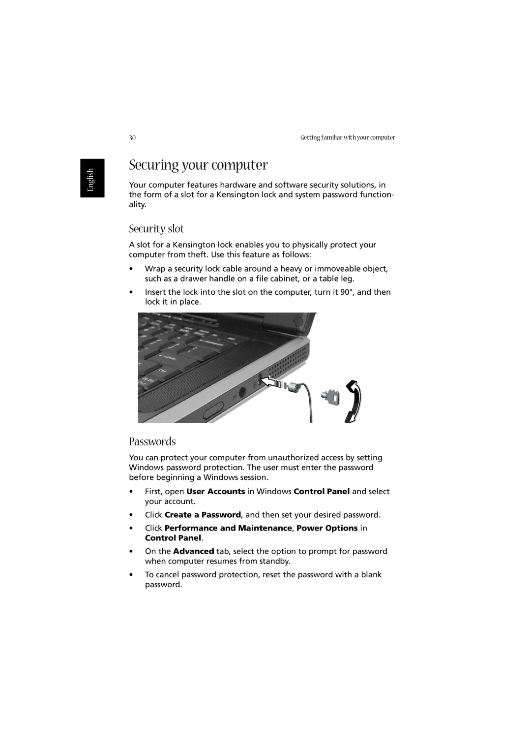 Acer 2020 Series manual Securing your computer, Security slot, Passwords 