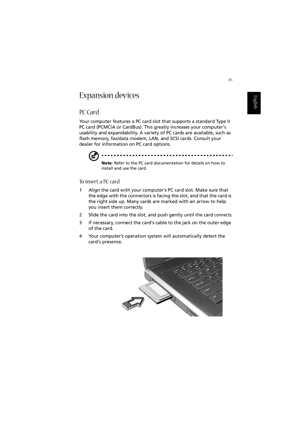 Acer 2020 Series manual Expansion devices, PC Card, To insert a PC card 