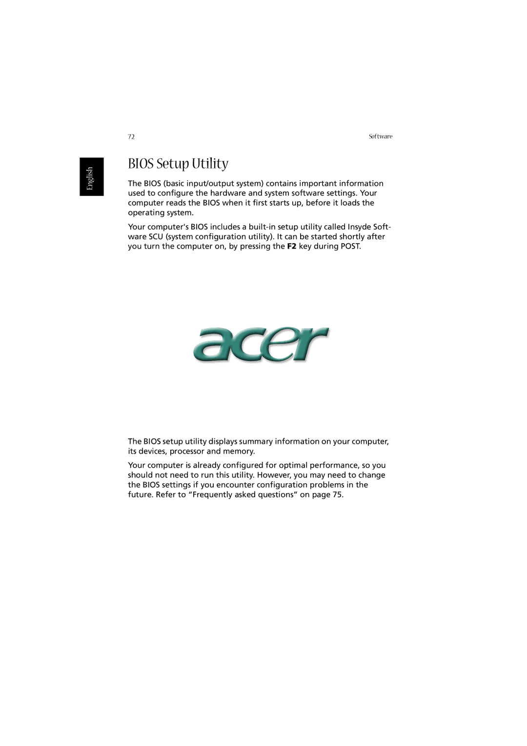 Acer 2020 Series manual Bios Setup Utility 