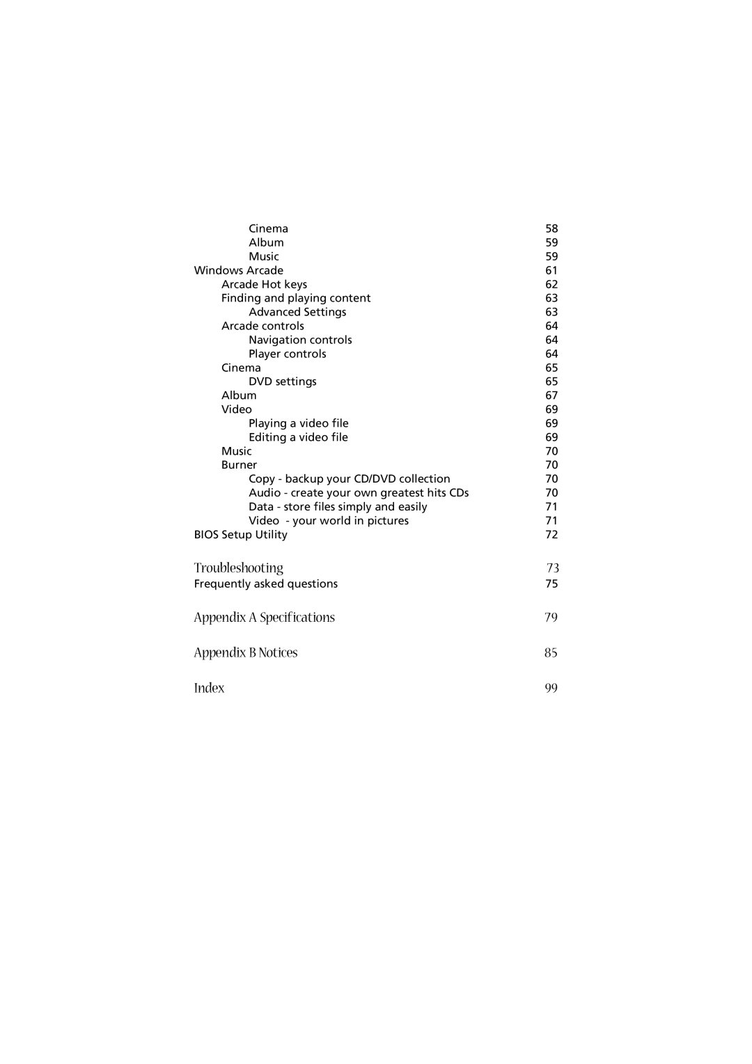 Acer 2020 Series manual Troubleshooting, Appendix a Specifications Appendix B Notices Index 