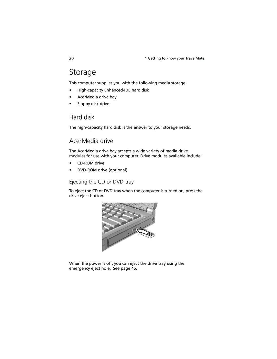 Acer 210 series manual Storage, Hard disk, AcerMedia drive, Ejecting the CD or DVD tray 