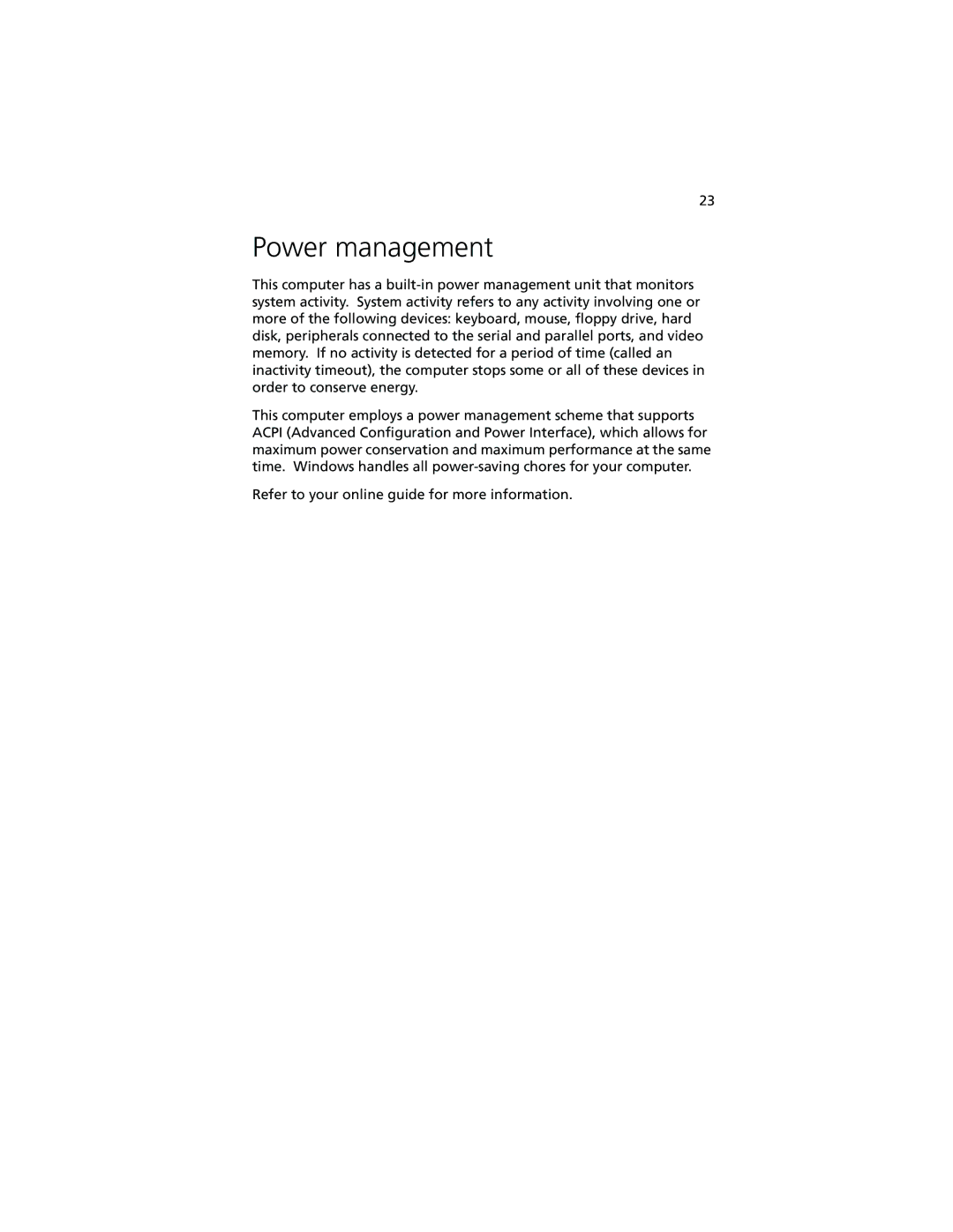 Acer 210 series manual Power management 