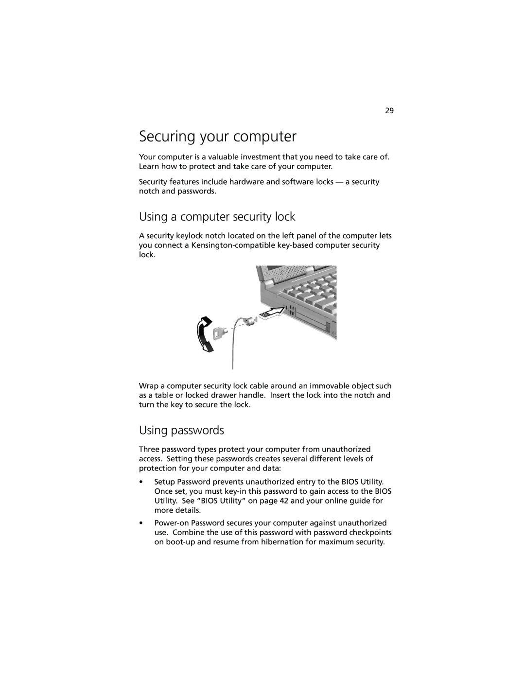 Acer 210 series manual Securing your computer, Using a computer security lock, Using passwords 