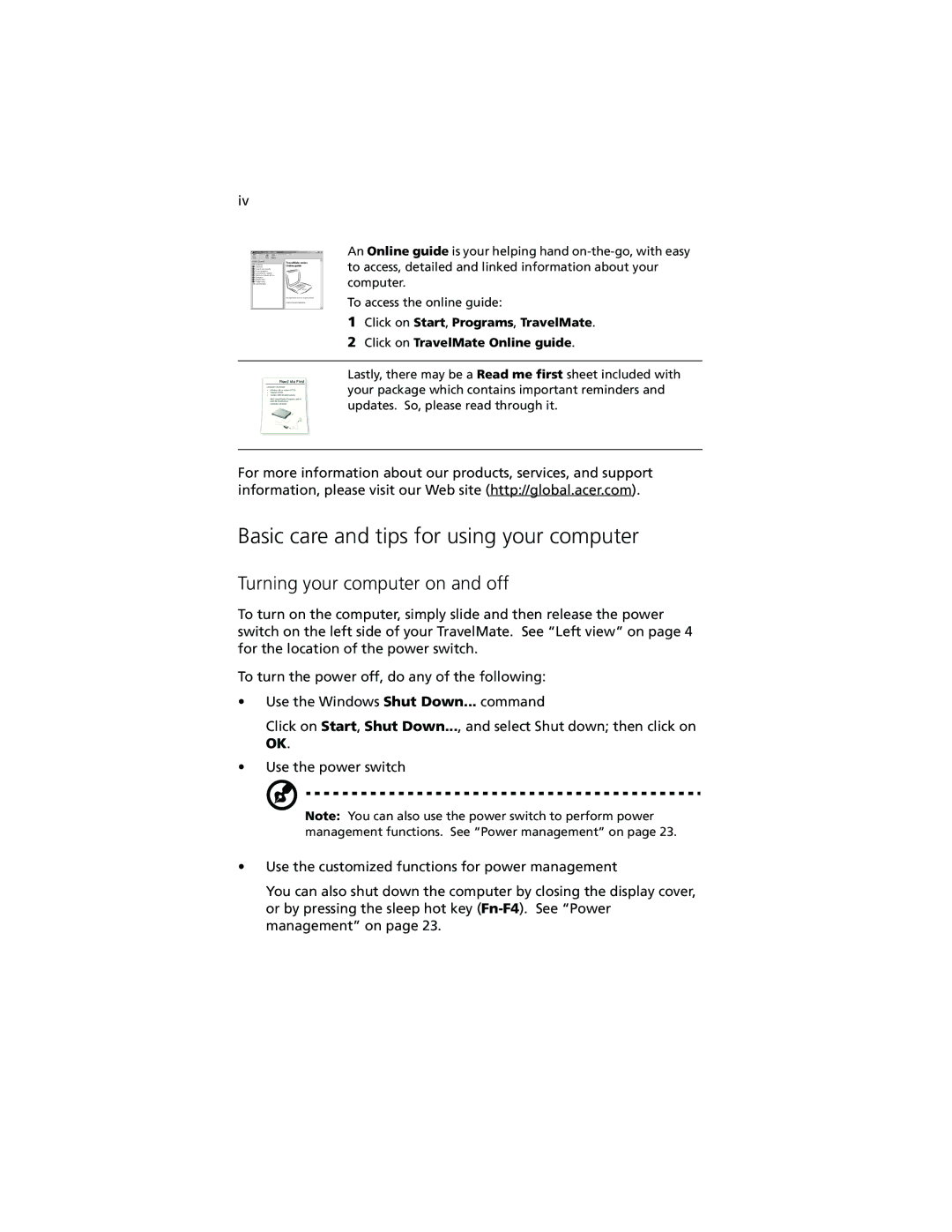 Acer 210 series manual Basic care and tips for using your computer, Turning your computer on and off 