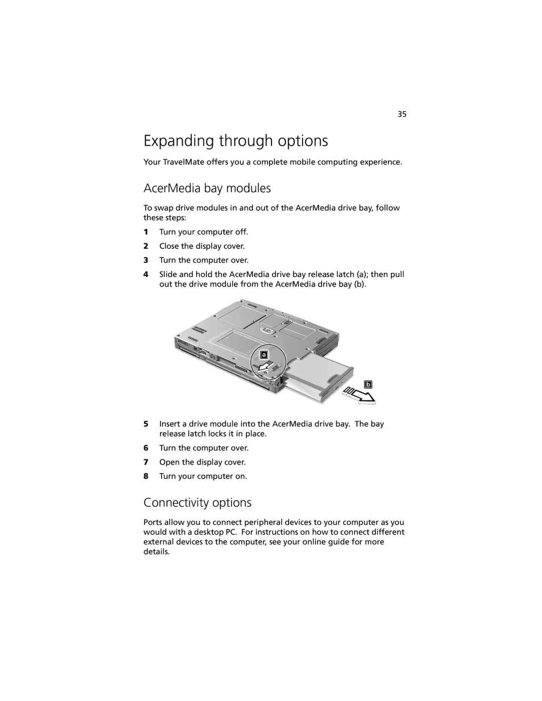 Acer 210 series manual Expanding through options, AcerMedia bay modules, Connectivity options 