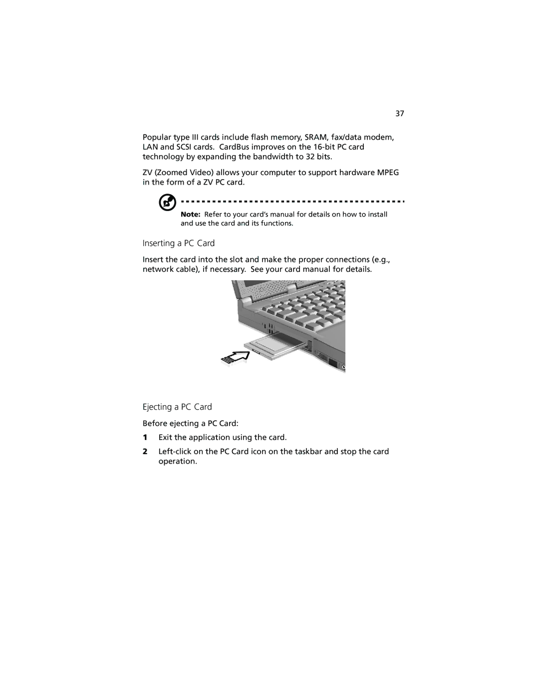 Acer 210 series manual Inserting a PC Card, Ejecting a PC Card 