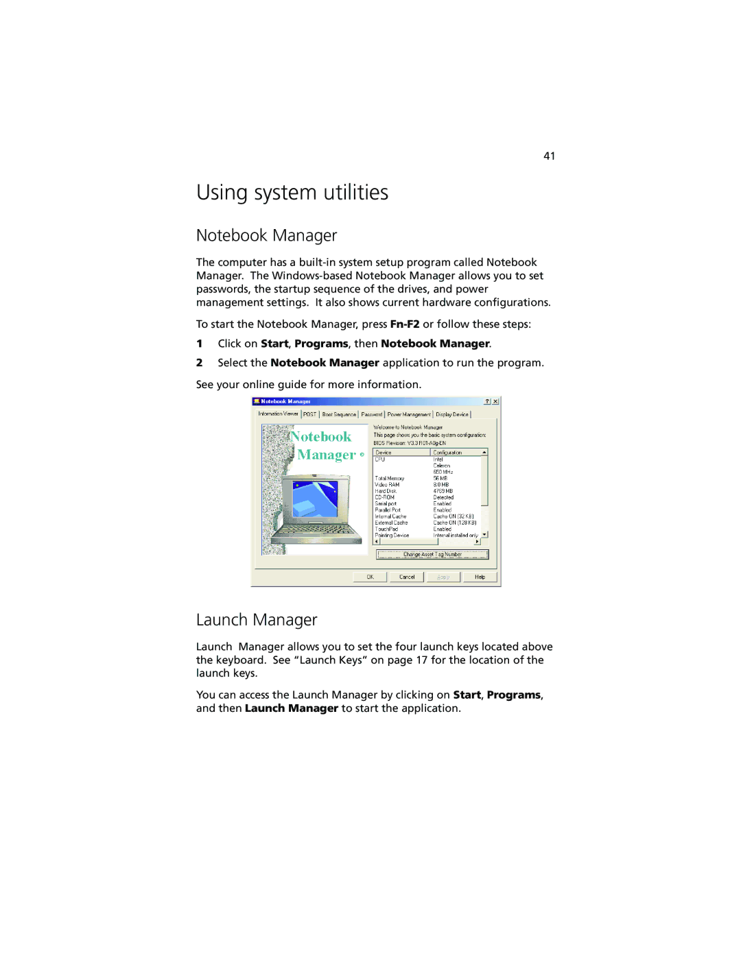 Acer 210 series manual Using system utilities, Launch Manager 