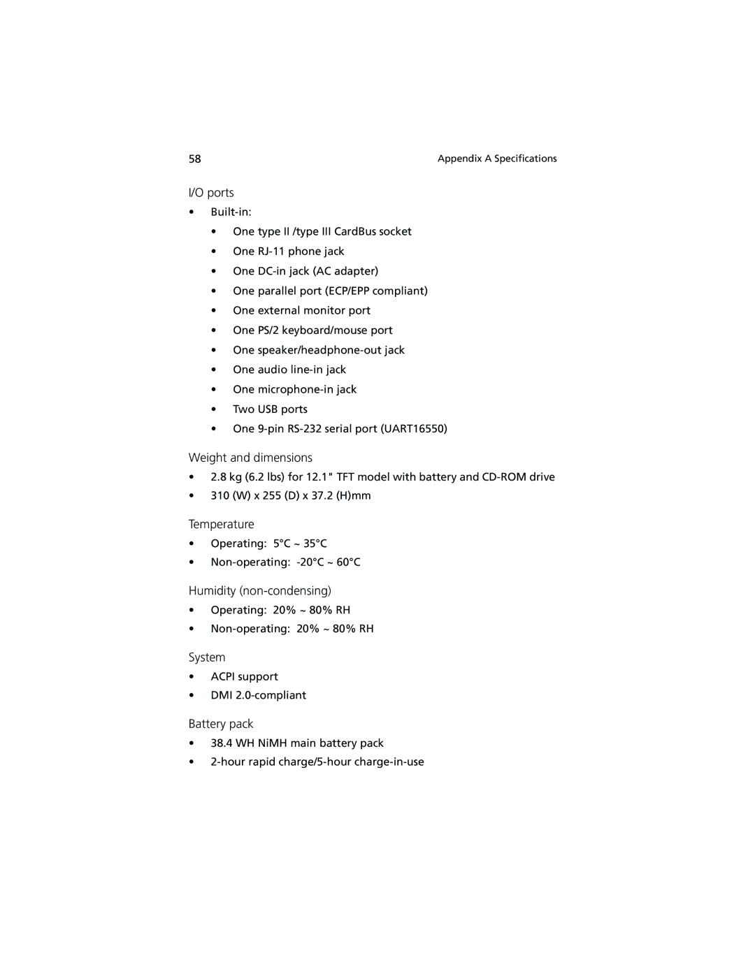 Acer 210 series manual Ports, Weight and dimensions, Temperature, Humidity non-condensing, System, Battery pack 